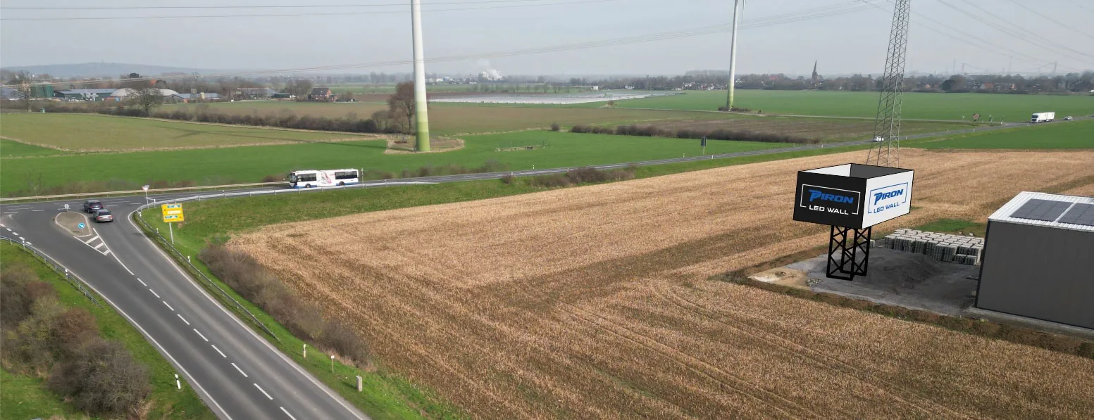 Entwurf aus der Luft: der geplante Werbepylon an der Ecke des Firmengeländes von PIRON Metallbau neben der Bundesstraße