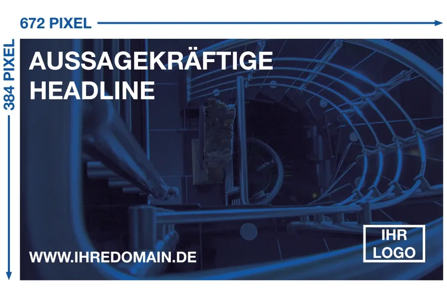 Mustermotiv 672 mal 384 Pixel: große Überschrift, Web-Adresse und Logo-Platzhalter auf dunklem Grund