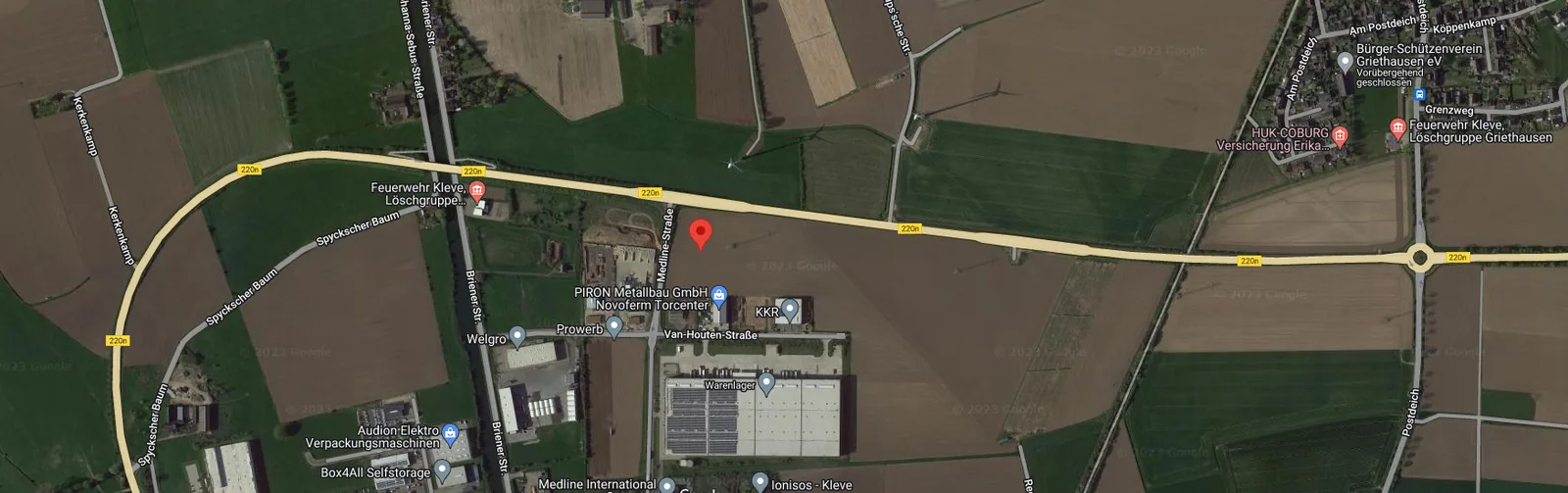Luftbild mit der gelb markierten Strecke des Tweestroms (B 220n) und dem Standort der Wall